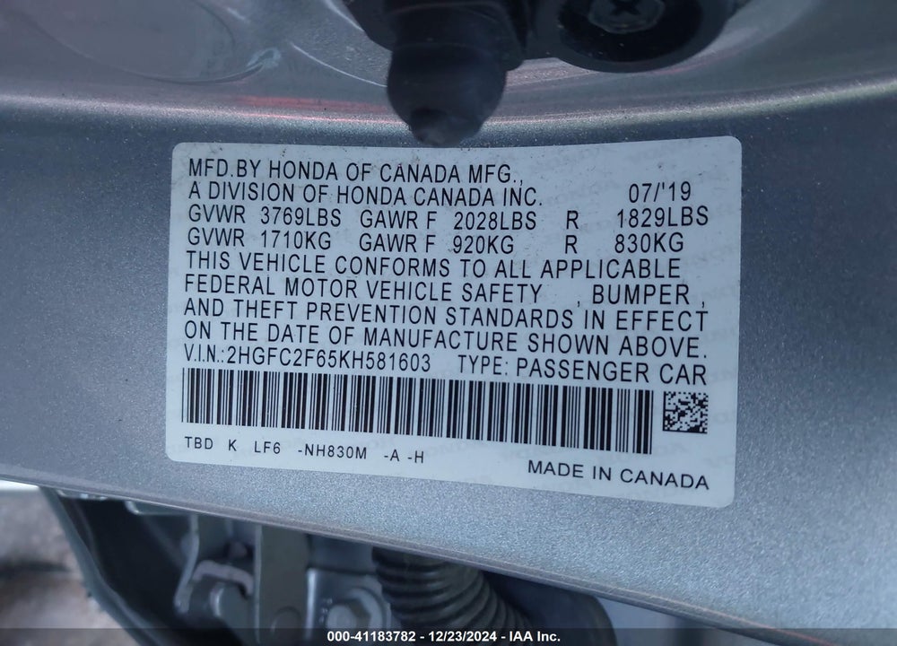 2019 HONDA CIVIC LX VIN: 2HGFC2F65KH581603