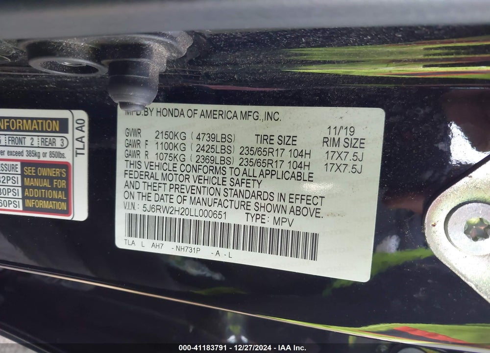 2020 HONDA CR-V AWD LX VIN: 5J6RW2H20LL000651