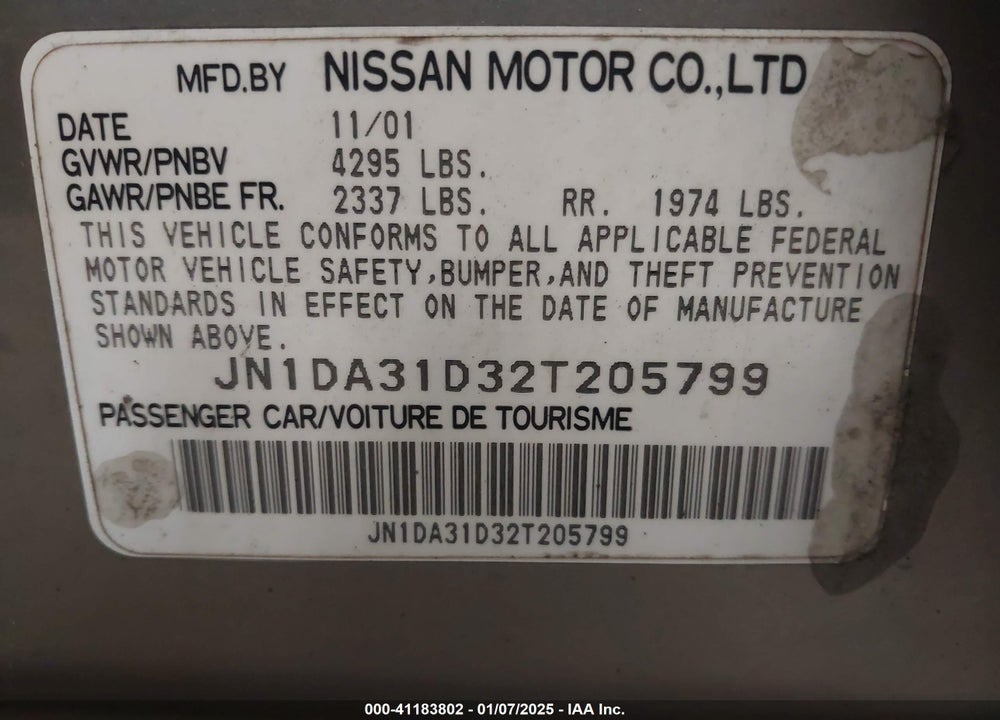 2002 NISSAN MAXIMA SE VIN: JN1DA31D32T205799
