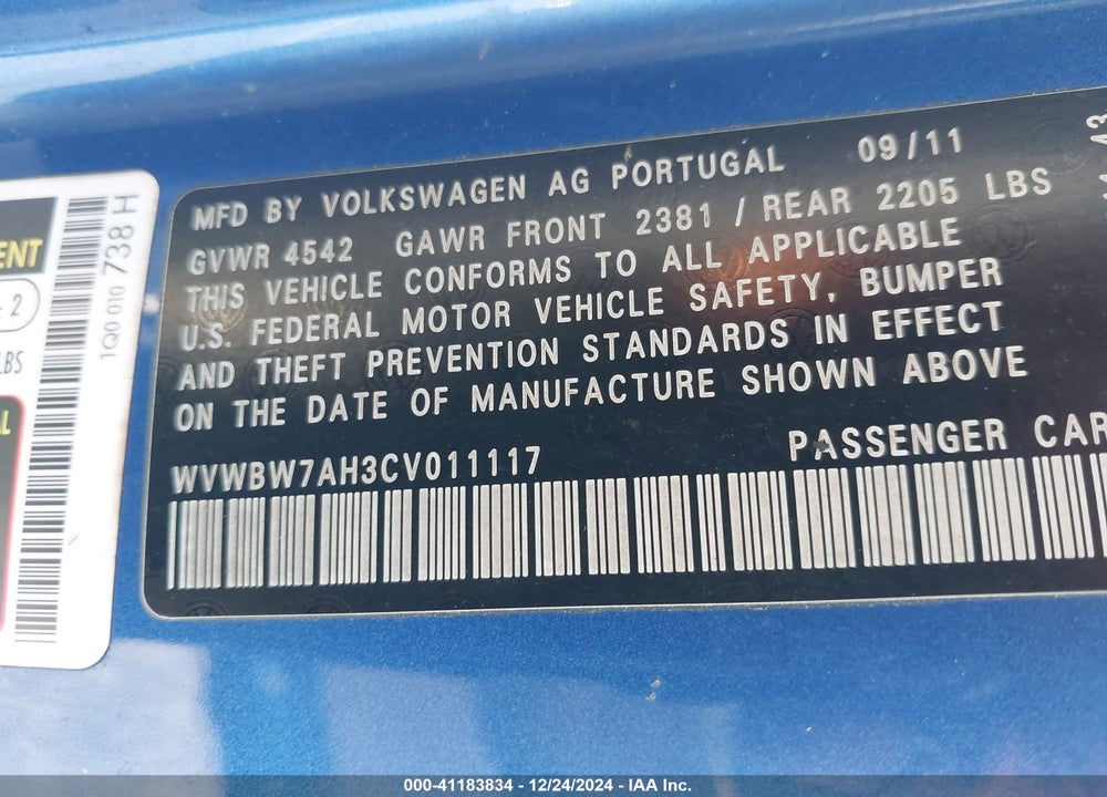 2012 VOLKSWAGEN EOS KOMFORT VIN: WVWBW7AH3CV011117