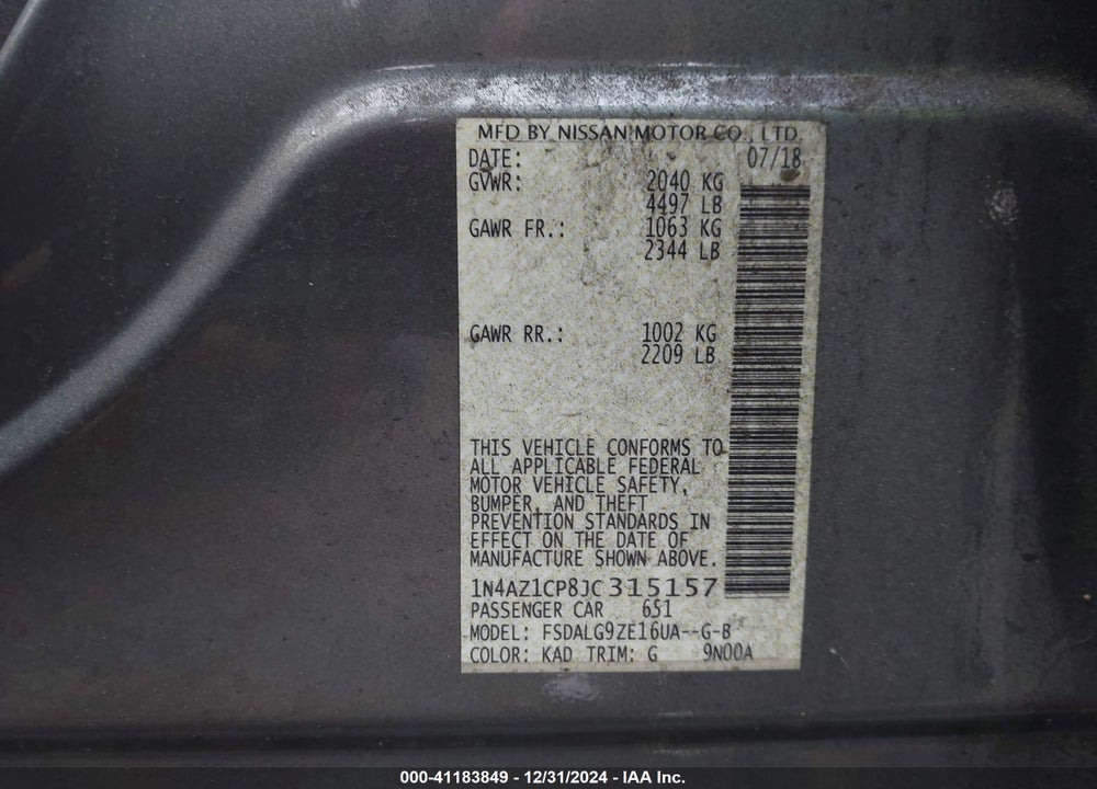 2018 NISSAN LEAF VIN: 1N4AZ1CP8JC315157