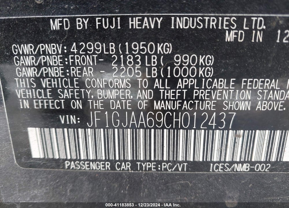 2012 SUBARU IMPREZA 2.0I VIN: JF1GJAA69CH012437