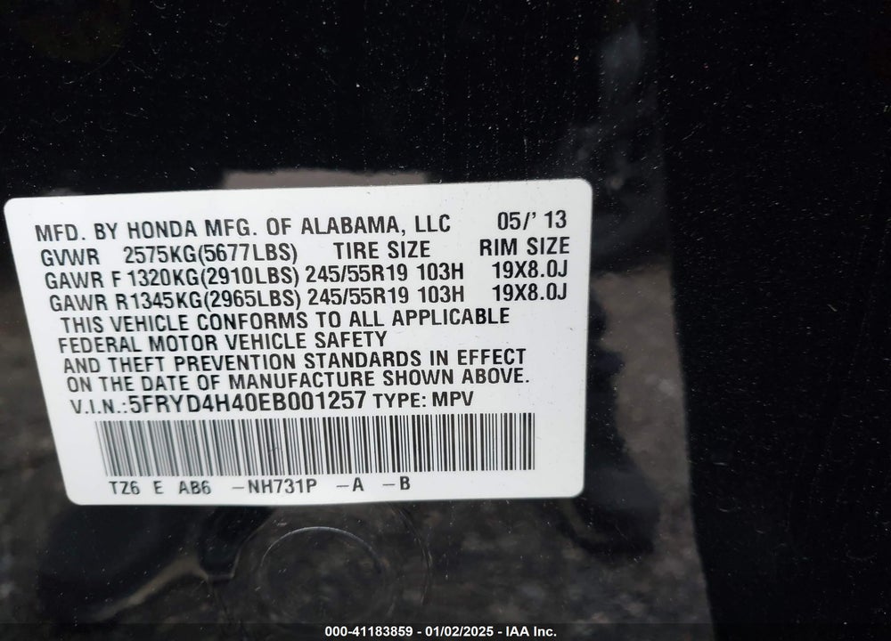 2014 ACURA MDX TECHNOLOGY PACKAGE VIN: 5FRYD4H40EB001257
