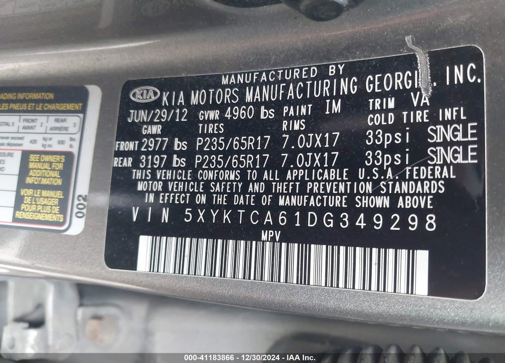 2013 KIA SORENTO LX VIN: 5XYKTCA61DG349298