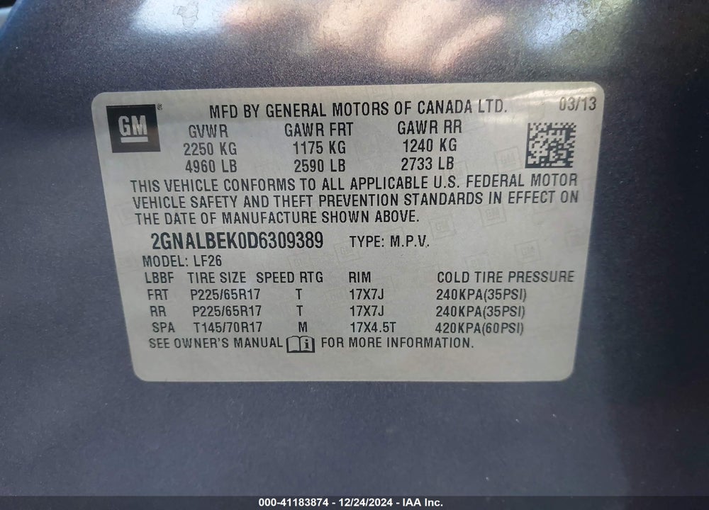 2013 CHEVROLET EQUINOX VIN: 2GNALBEK0D6309389