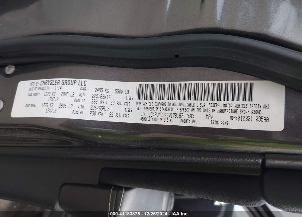 2014 JEEP CHEROKEE LATITUDE VIN: 1C4PJMCB2EW178187