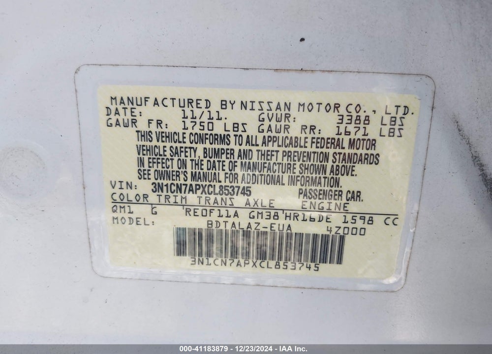 2012 NISSAN VERSA 1.6 S+ VIN: 3N1CN7APXCL853745