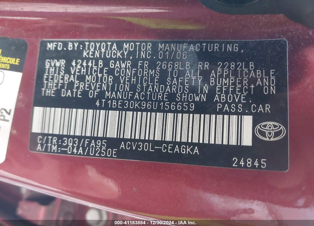 2006 TOYOTA CAMRY XLE VIN: 4T1BE30K96U156659
