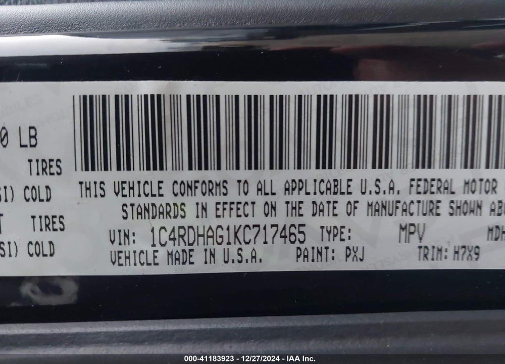 2019 DODGE DURANGO VIN: 1C4RDHAG1KC717465