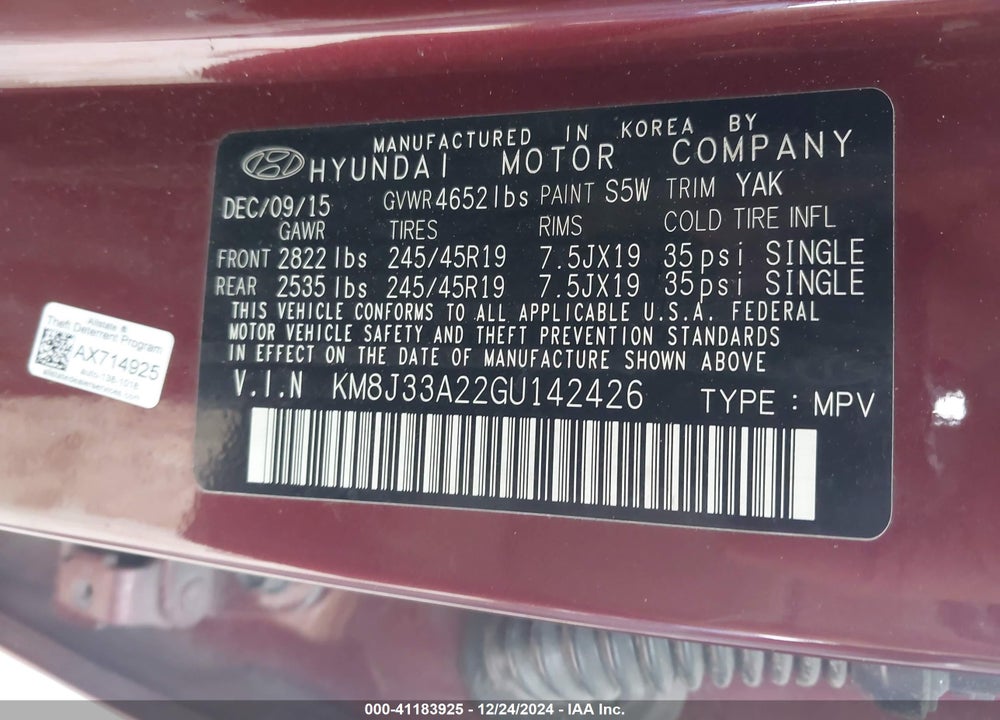2016 HYUNDAI TUCSON LIMITED VIN: KM8J33A22GU142426