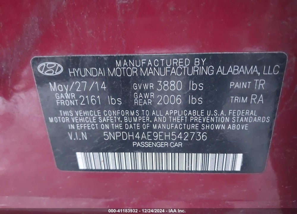 2014 HYUNDAI ELANTRA SE VIN: 5NPDH4AE9EH542736