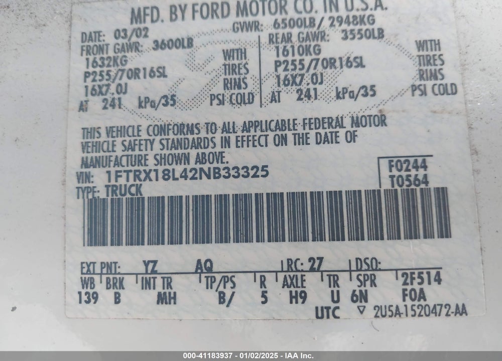 2002 FORD F-150 LARIAT/XL/XLT VIN: 1FTRX18L42NB33325