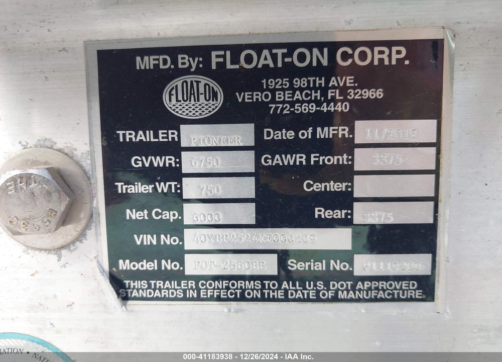 2019 PIONEER OTHER VIN: 40YBP2524KF000209