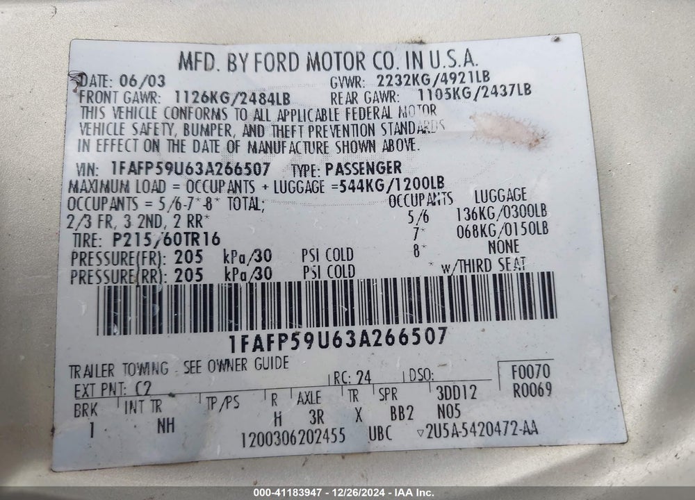 2003 FORD TAURUS SEL VIN: 1FAFP59U63A266507