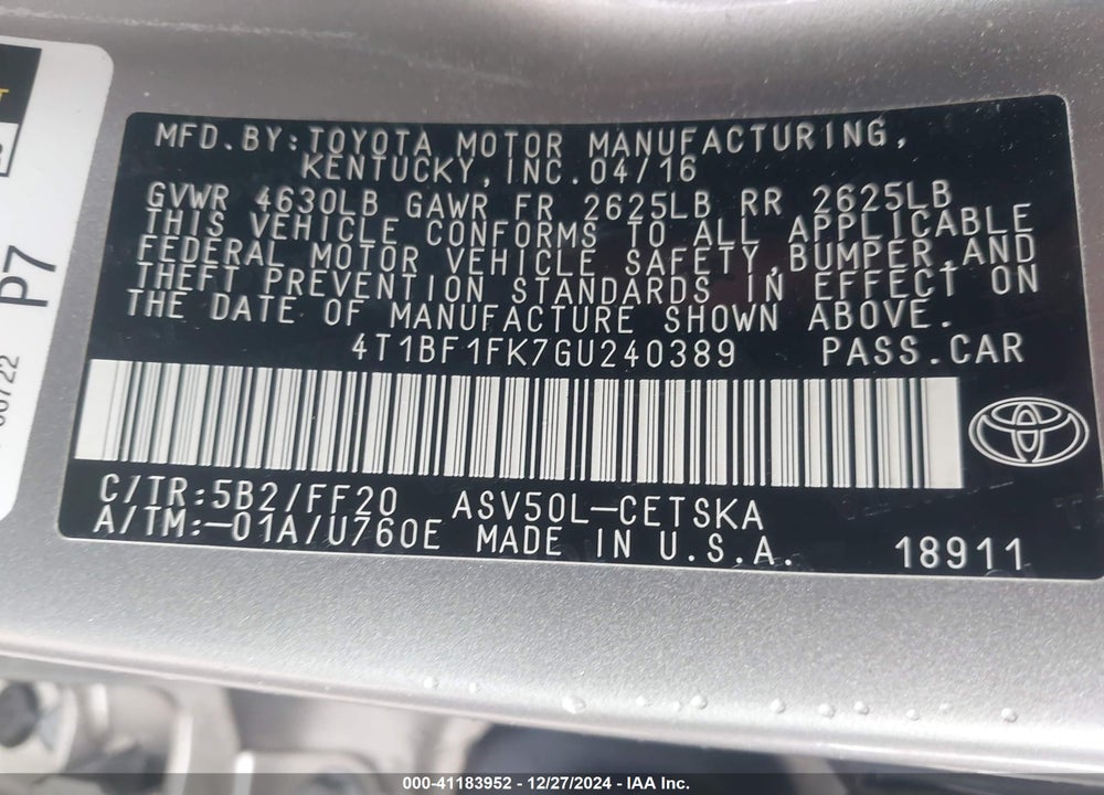 2016 TOYOTA CAMRY SE VIN: 4T1BF1FK7GU240389