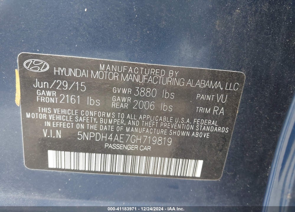 2016 HYUNDAI ELANTRA SE VIN: 5NPDH4AE7GH719819