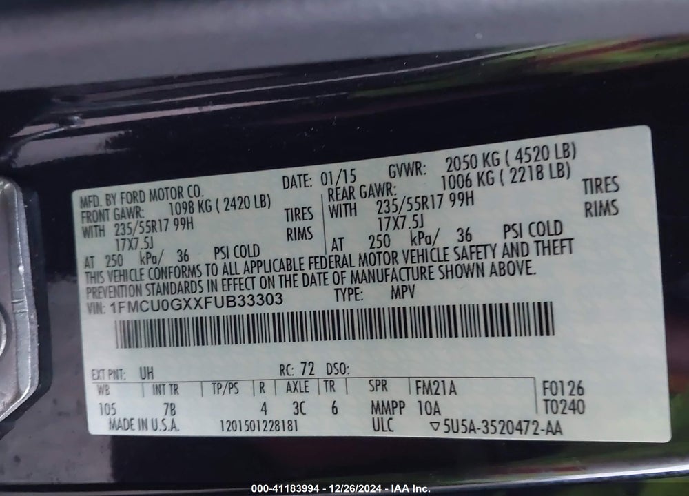 2015 FORD ESCAPE SE VIN: 1FMCU0GXXFUB33303