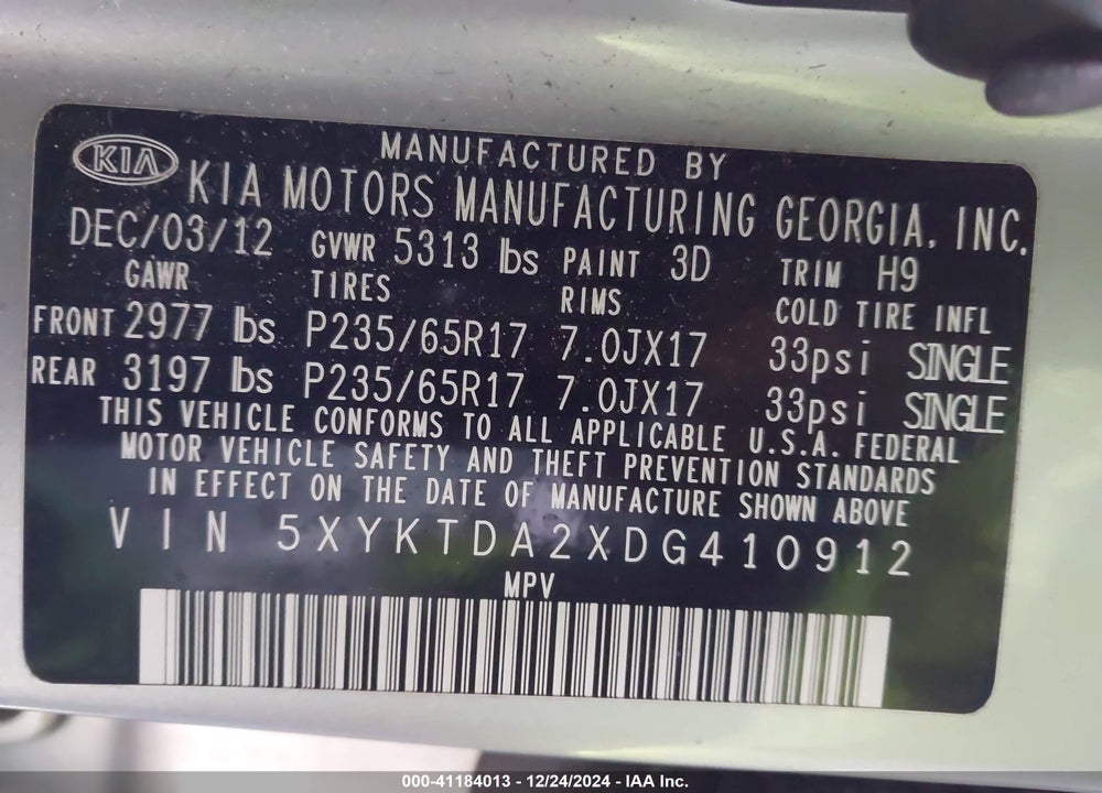 2013 KIA SORENTO LX V6 VIN: 5XYKTDA2XDG410912