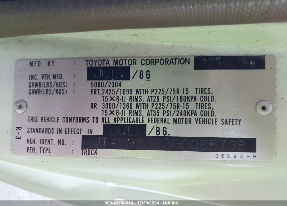 1986 TOYOTA PICKUP RN63 STD VIN: JT4RN63R3G0085738