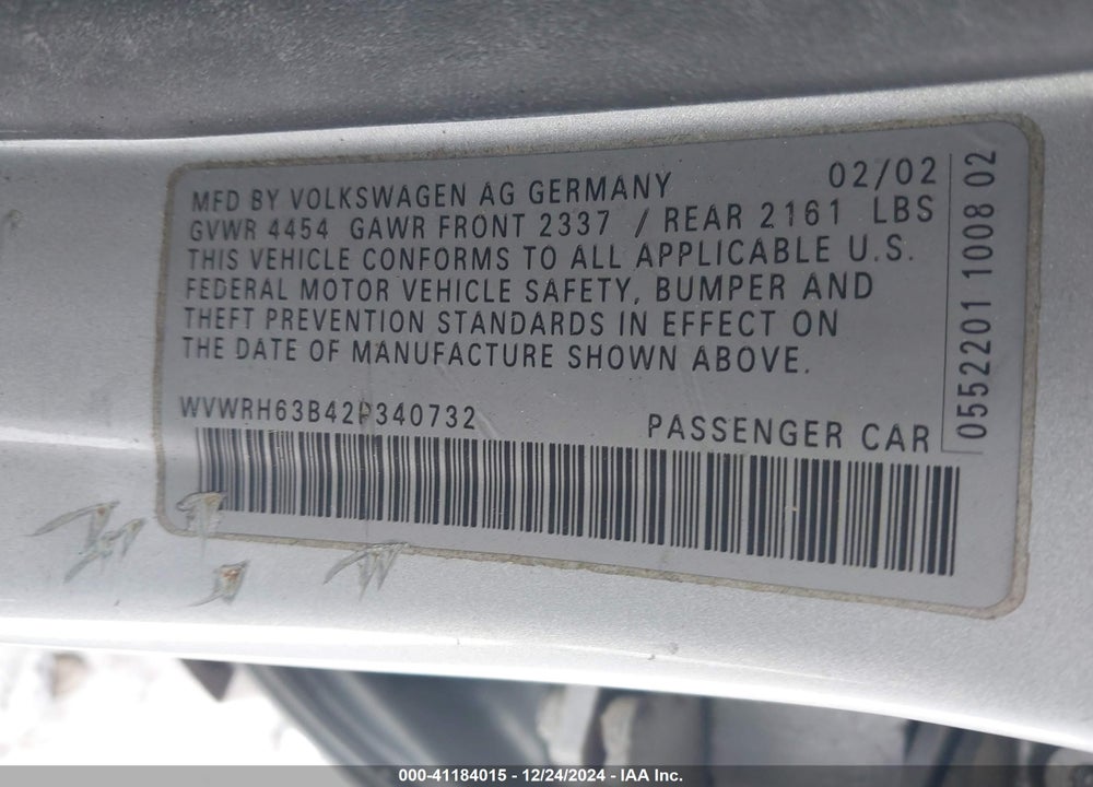 2002 VOLKSWAGEN PASSAT GLX VIN: WVWRH63B42P340732