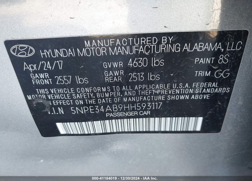 2017 HYUNDAI SONATA LIMITED 2.0T VIN: 5NPE34AB9HH593117
