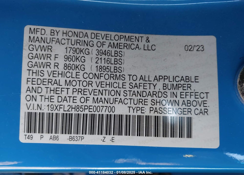 2023 HONDA CIVIC VIN: 19XFL2H85PE007700