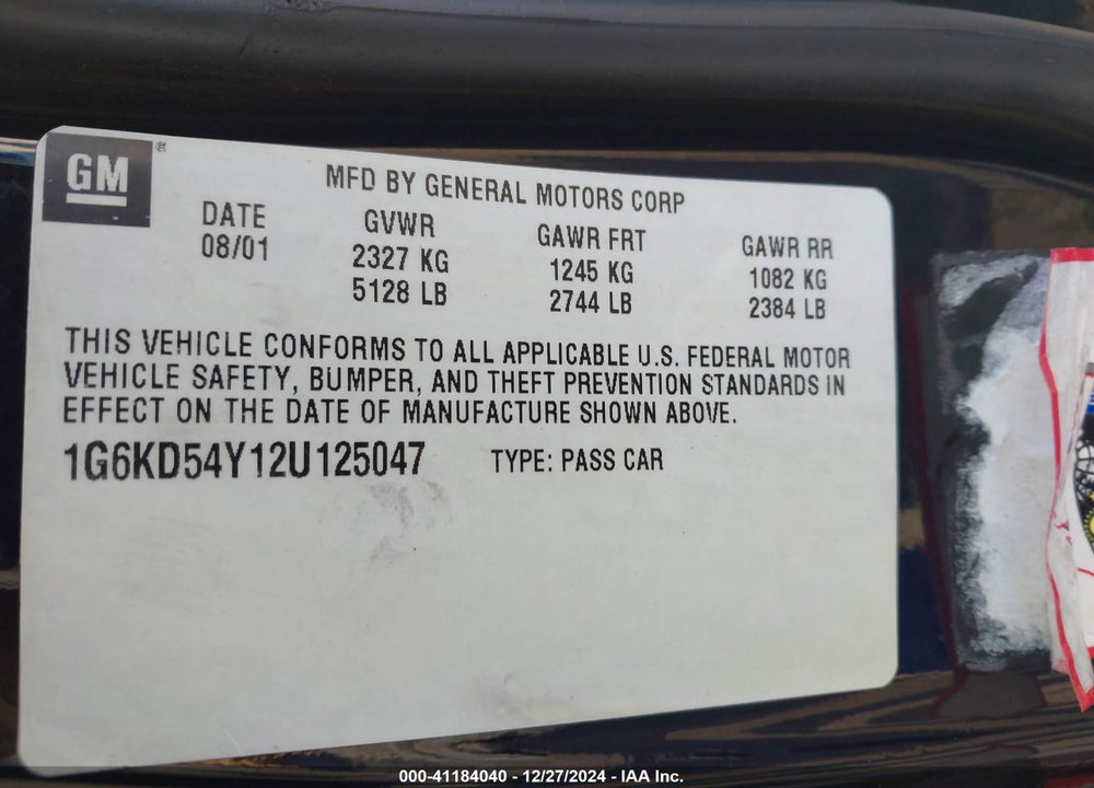 2002 CADILLAC DEVILLE STANDARD VIN: 1G6KD54Y12U125047