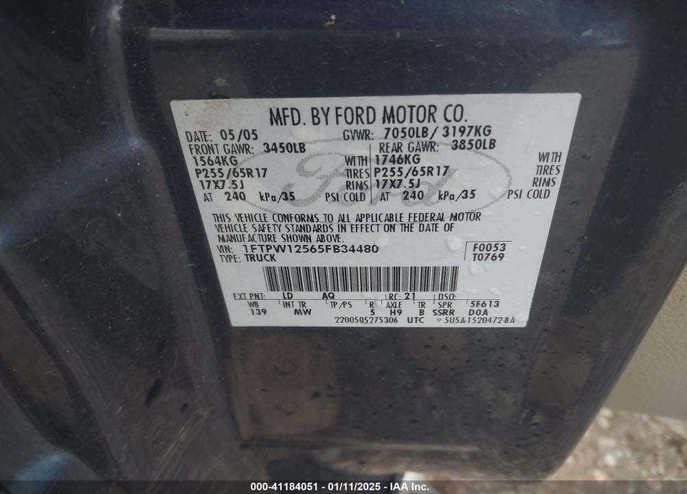 2005 FORD F-150 LARIAT/XLT VIN: 1FTPW12565FB34480