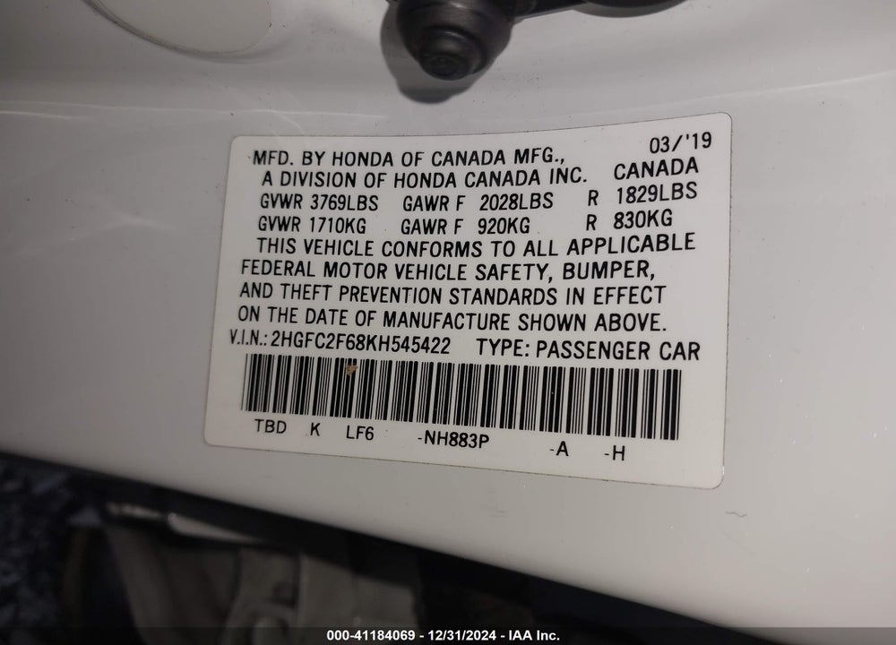 2019 HONDA CIVIC LX VIN: 2HGFC2F68KH545422
