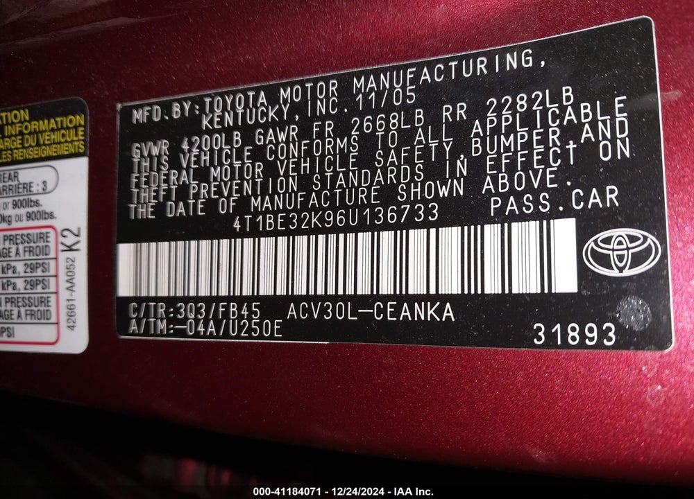 2006 TOYOTA CAMRY VIN: 4T1BE32K96U136733
