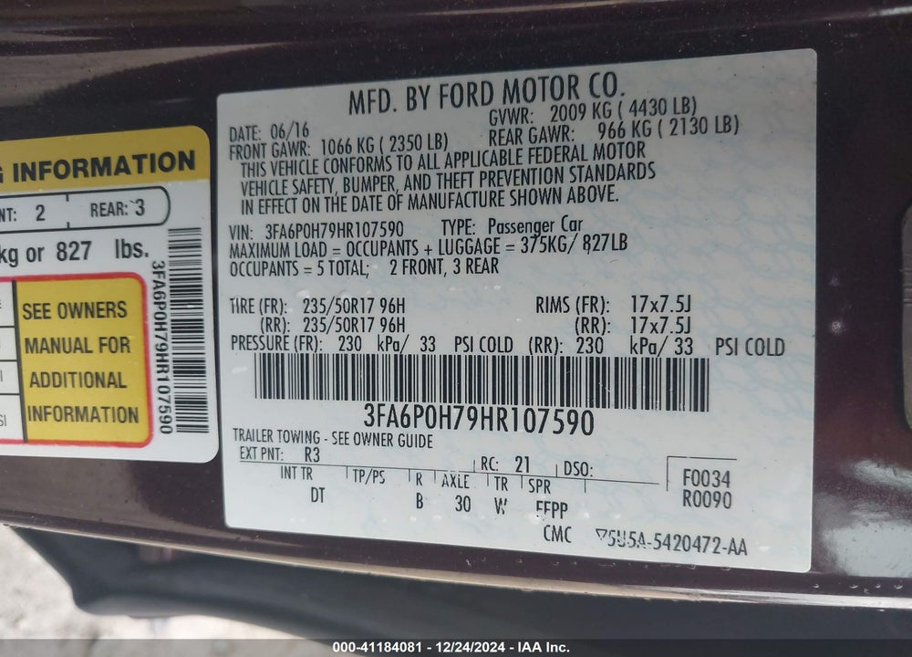 2017 FORD FUSION SE VIN: 3FA6P0H79HR107590