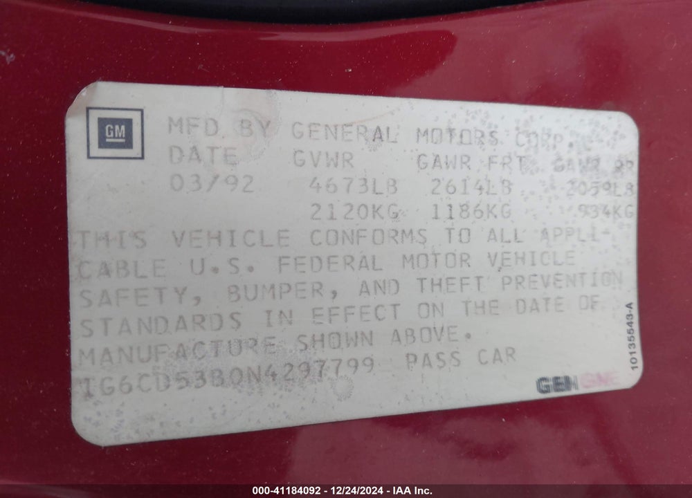 1992 CADILLAC DEVILLE VIN: 1G6CD53B0N4297799
