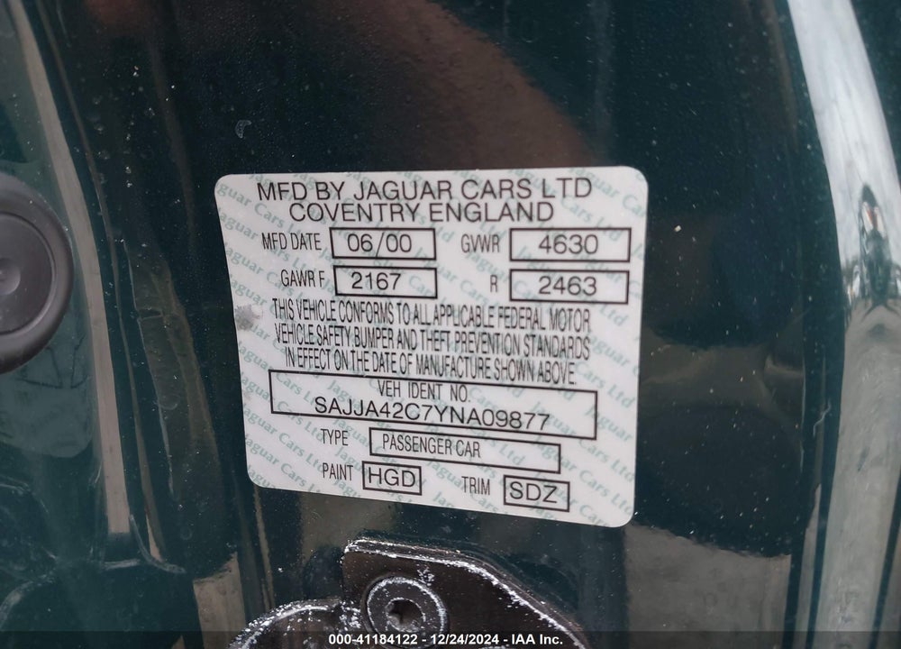 2000 JAGUAR XK8 VIN: SAJJA42C7YNA09877