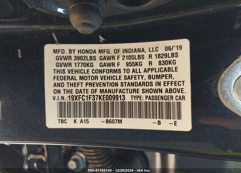 2019 HONDA CIVIC VIN: 19XFC1F37KE009913