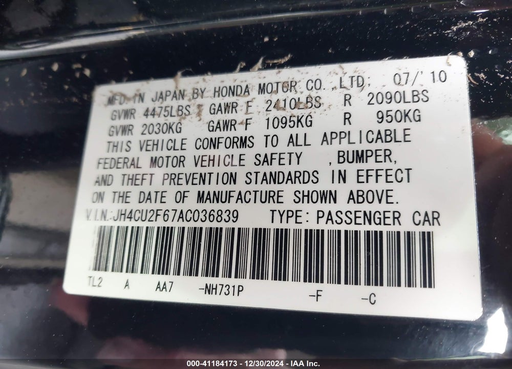 2010 ACURA TSX VIN: JH4CU2F67AC036839