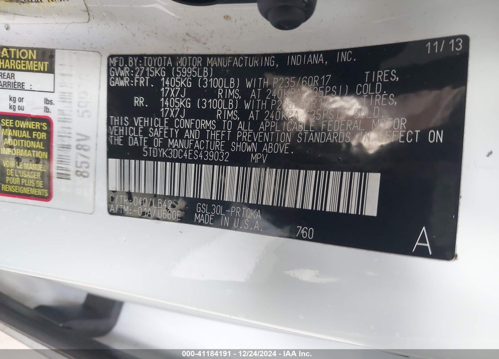 2014 TOYOTA SIENNA XLE LIMITED VIN: 5TDYK3DC4ES439032