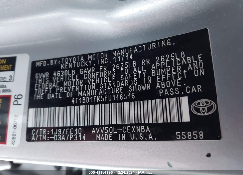 2015 TOYOTA CAMRY HYBRID LE VIN: 4T1BD1FK5FU146516
