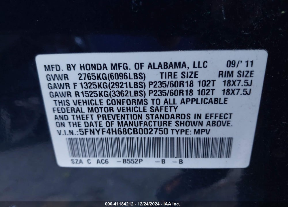 2012 HONDA PILOT VIN: 5FNYF4H68CB002750