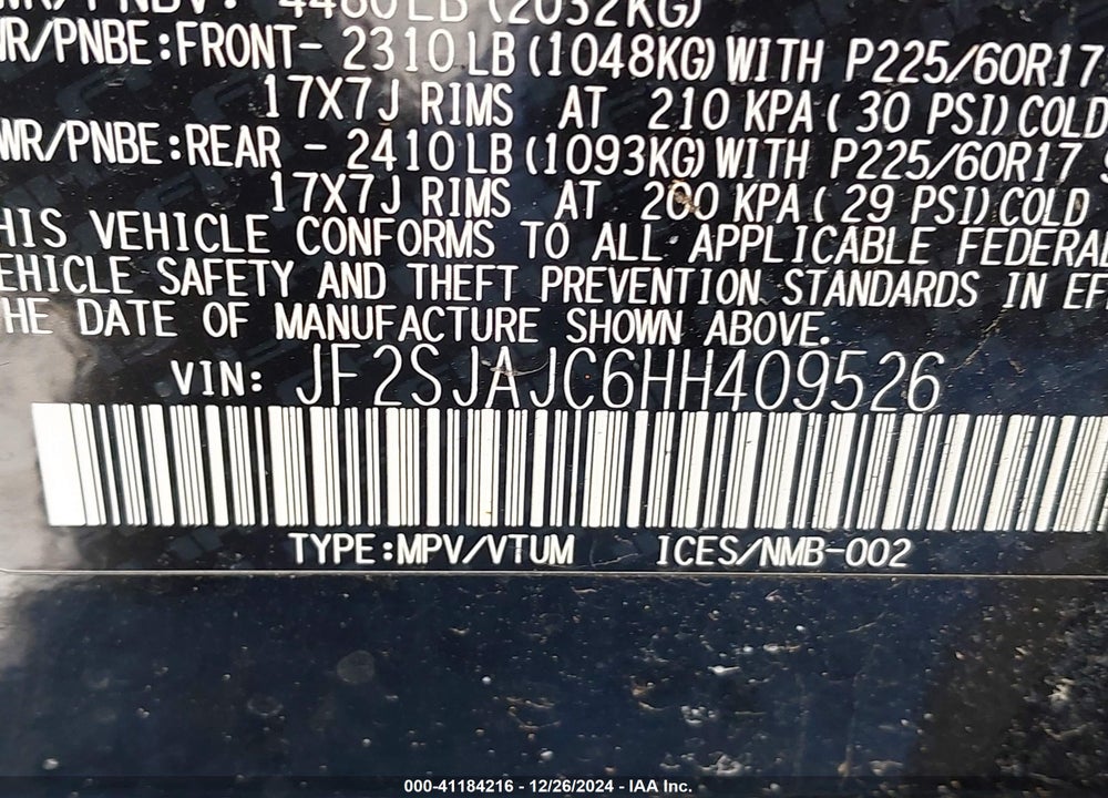 2017 SUBARU FORESTER 2.5I LIMITED VIN: JF2SJAJC6HH409526