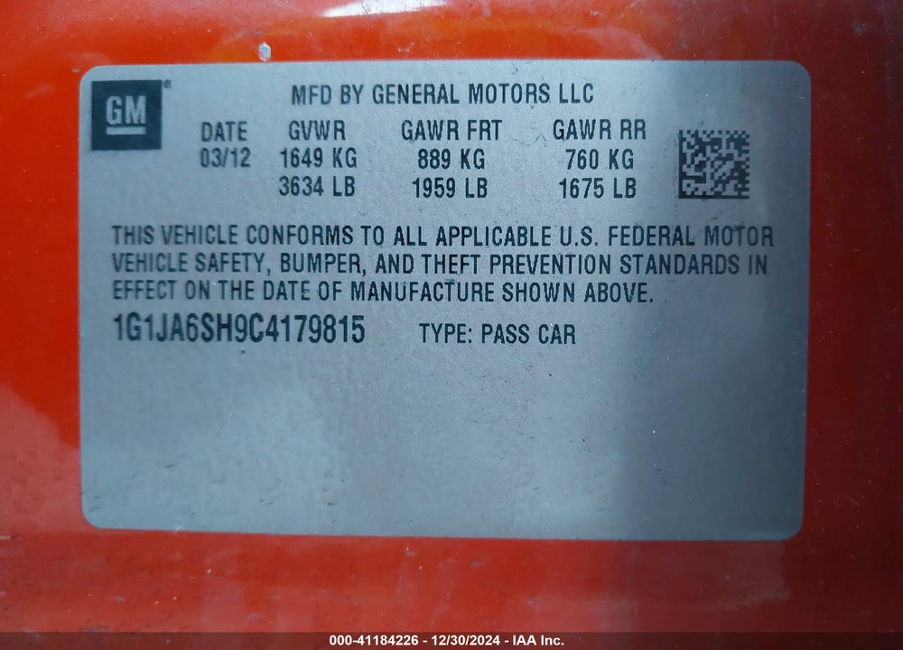 2012 CHEVROLET SONIC VIN: 1G1JA6SH9C4179815