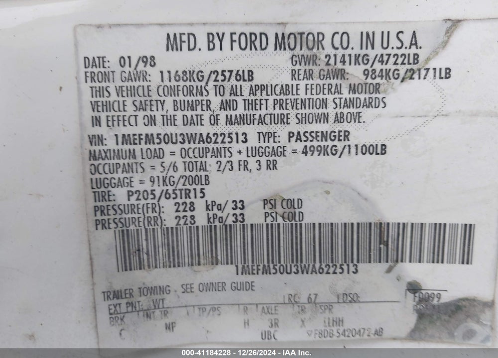 1998 MERCURY SABLE GS/LS VIN: 1MEFM50U3WA622513