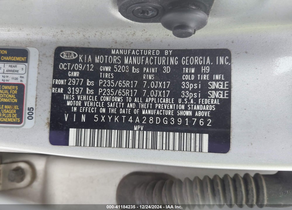 2013 KIA SORENTO LX V6 VIN: 5XYKT4A28DG391762