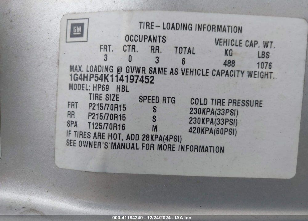2001 BUICK LESABRE CUSTOM VIN: 1G4HP54K114197452