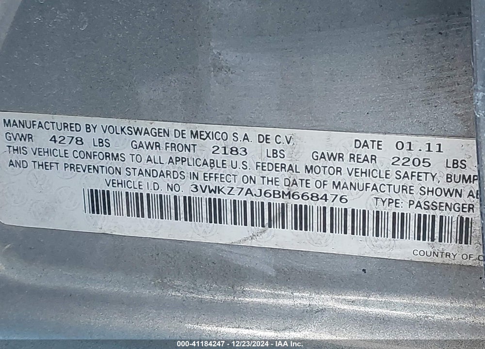 2011 VOLKSWAGEN JETTA SPORTWAGEN 2.5L S VIN: 3VWKZ7AJ6BM668476