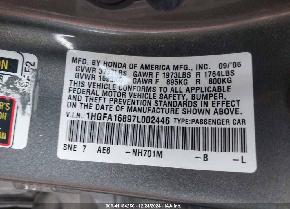2007 HONDA CIVIC VIN: 1HGFA16897L002446