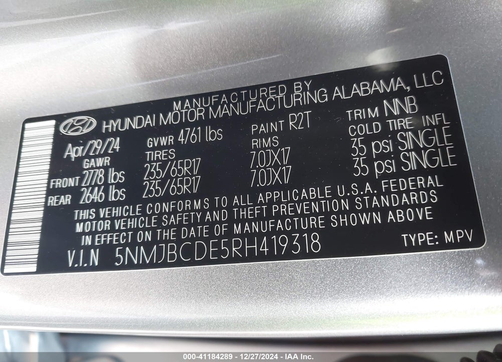 2024 HYUNDAI TUCSON SEL VIN: 5NMJBCDE5RH419318