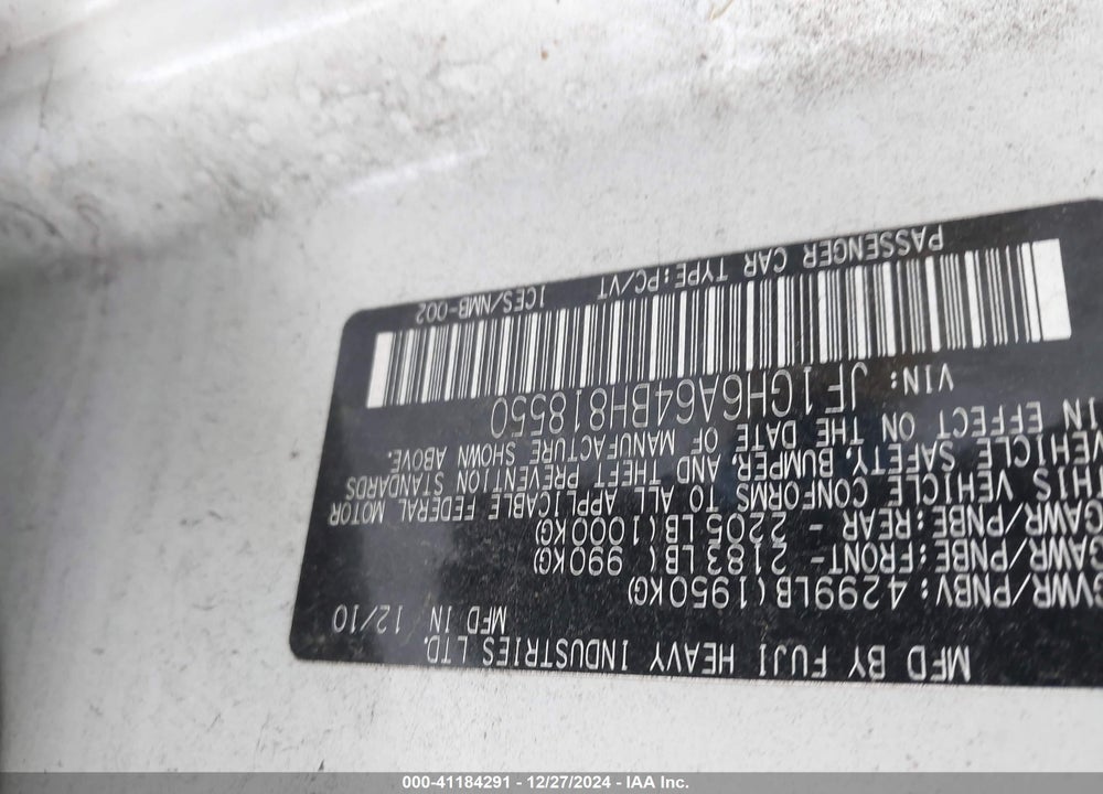 2011 SUBARU IMPREZA VIN: JF1GH6A64BH818550