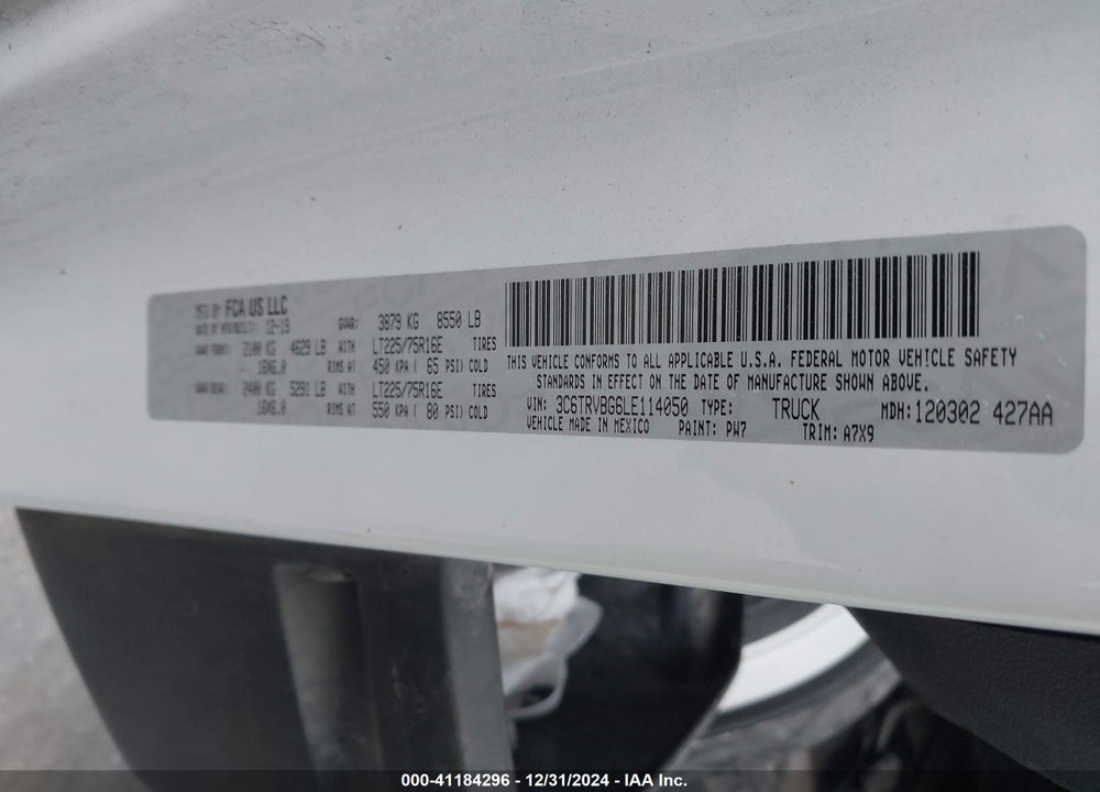 2020 RAM PROMASTER 1500 136 WB VIN: 3C6TRVBG6LE114050