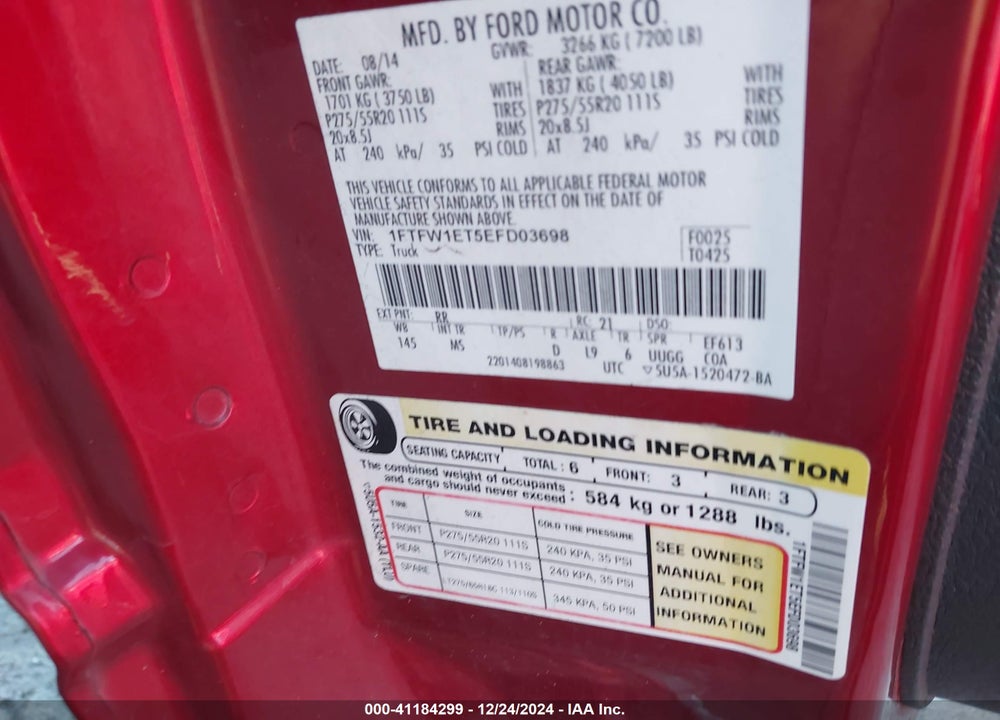 2014 FORD F-150 VIN: 1FTFW1ET5EFD03698