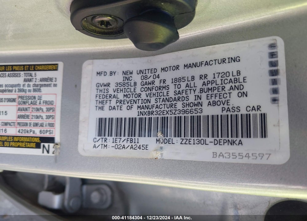 2005 TOYOTA COROLLA LE VIN: 1NXBR32EX5Z396653